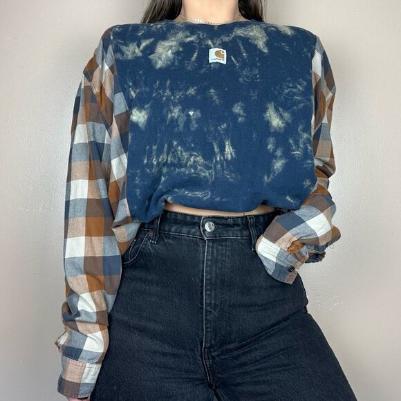 Reworked Carhartt Upcycled Tie Dye Blue Long Sleeve Plaid Flannel Relaxed Shirt - Picture 4 of 4